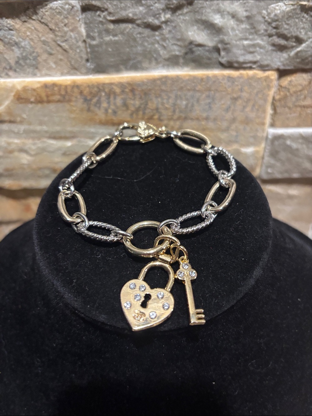 Gold Heart Designer CC Lock & Key Charm on a gold/silver chunky bracelet